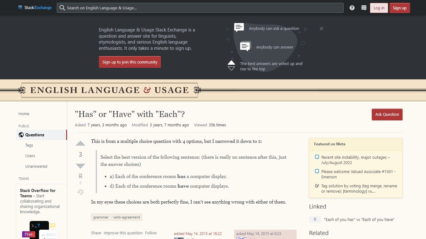 "Has" or "Have" with "Each"? - English Language & Usage Stack Exchange
